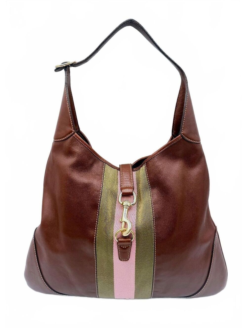 Gucci Vintage Large Jackie O Bouvier Hobo Bag Brown Leather Pink Green Stripe